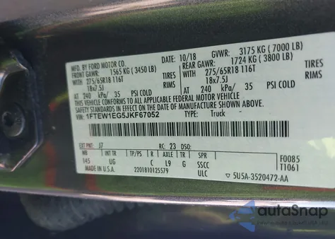 2018 Ford F-150 Xlt из США, поврежденный, VIN 1FTEW1EG5JKF67052